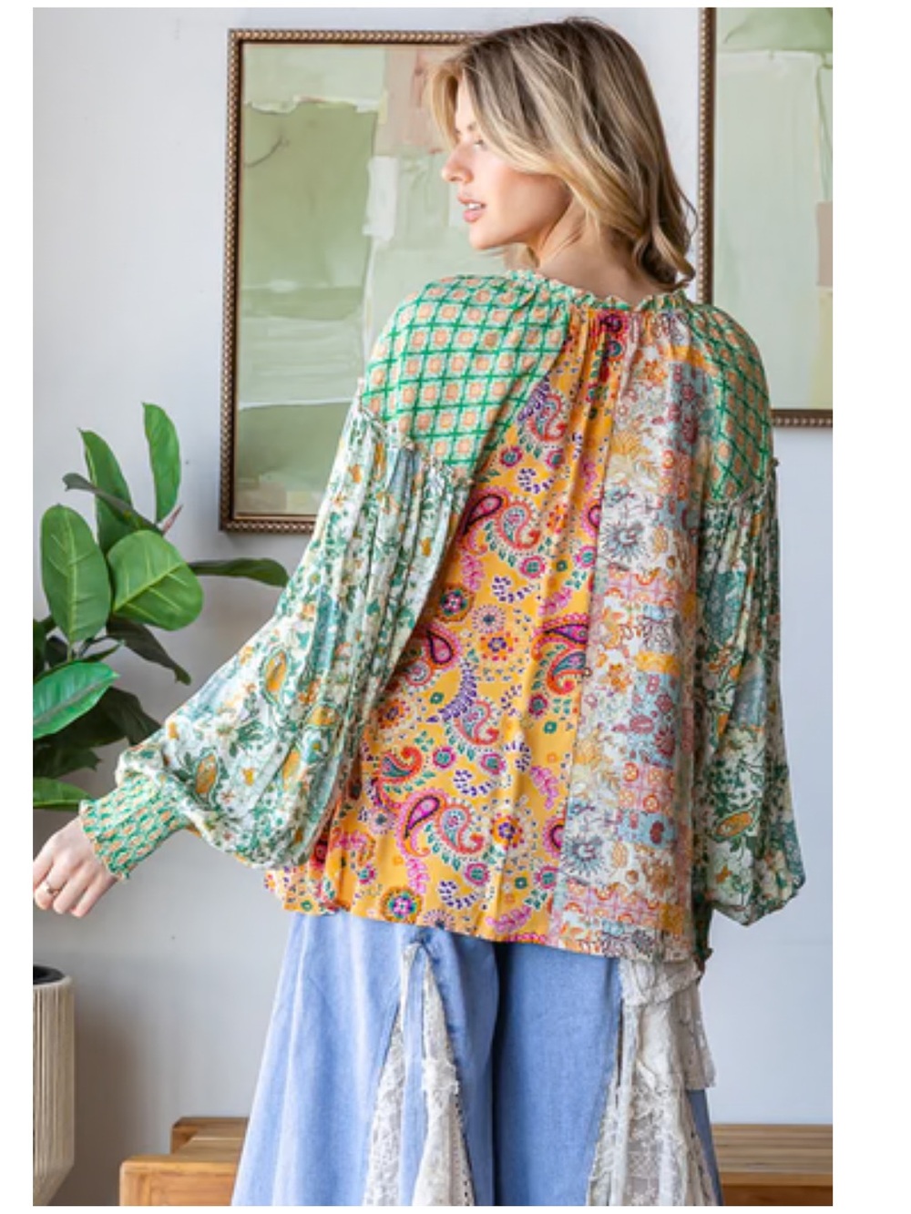 New: Oli & Hali Mixed Patchwork Button Front Long Balloon Sleeve Boho Blouse• XL - Picture 4 of 6